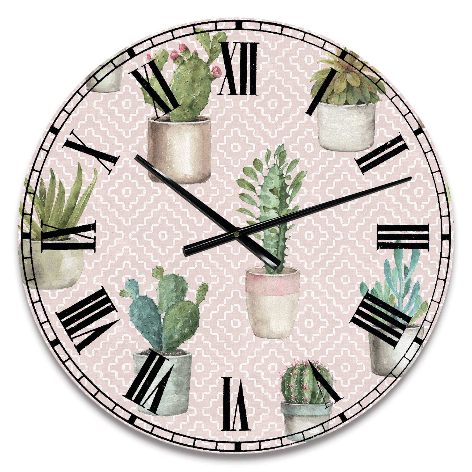 Designart 'Potted Cactus On Pink Geometrical Pattern Traditional Wall Clock